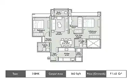 3 BHK 862 SqFt